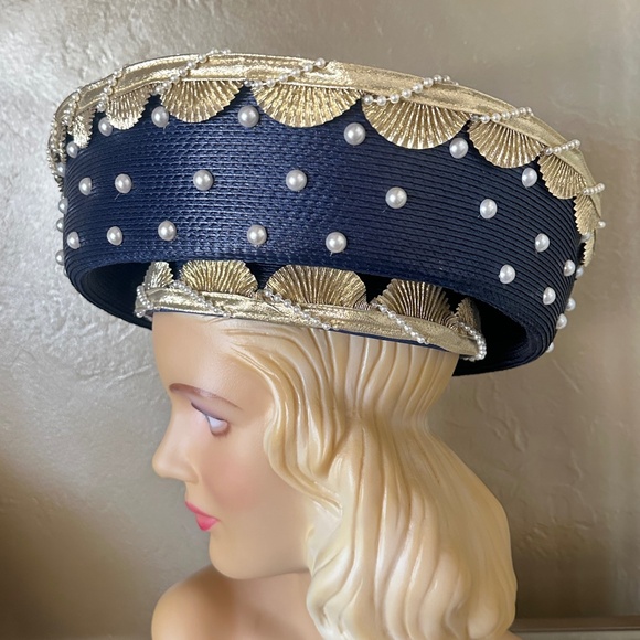 REGAL 1970s\' NAVY STRAW WIDE BRIM HAT WITH INTRICATE GOLD EDGING  & PEARLS